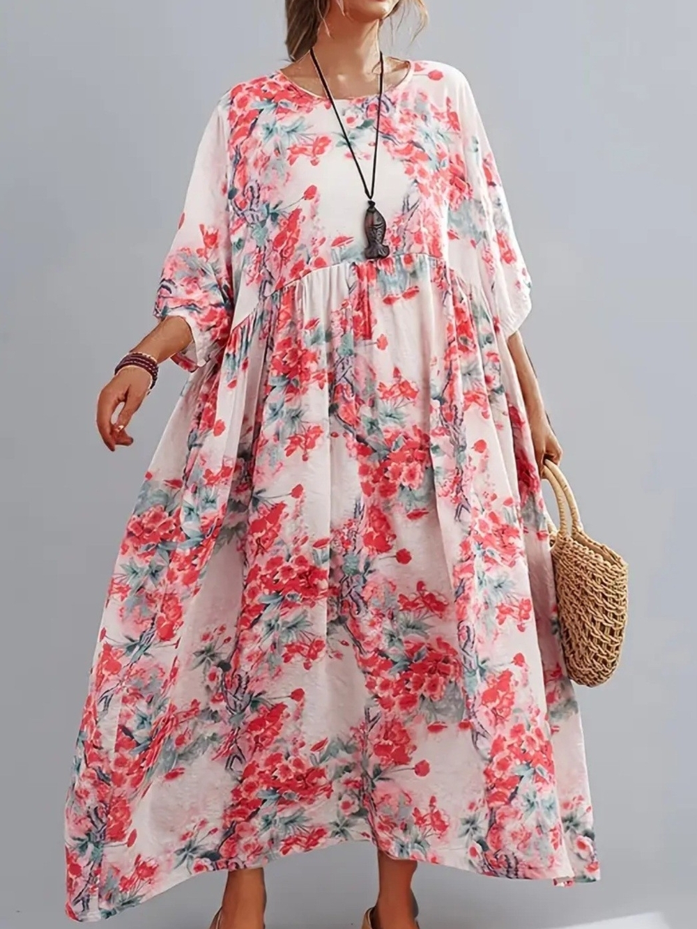 Bohemian Floral Maxi Dress in Coral Pink